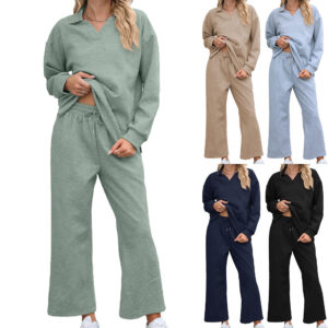 New Solid Color Lapel Long Sleeve Sweater Elastic Waist Pants Suit