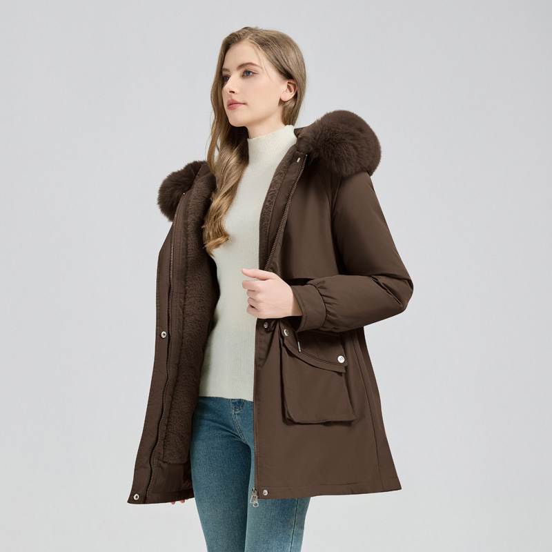 Women's Winter Fur-Lined Hooded Parka Coat Mid Length Down - Image 4