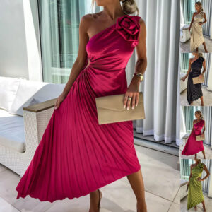 Ins Pleated One-shoulder Dress With Big Rose Flower Fashionable Sexy Evening Party Club Asymmetrical Dress