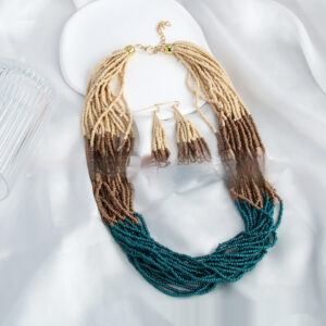 Multi Layer Colored Bead Glass Necklace Tassel Earrings Jewelry Set