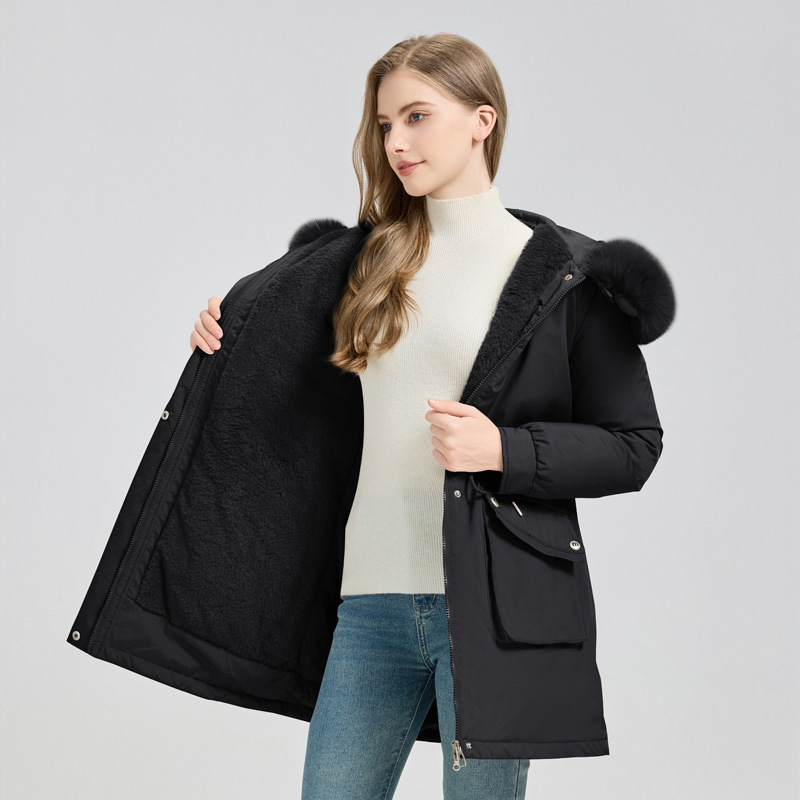 Women's Winter Fur-Lined Hooded Parka Coat Mid Length Down - Image 6