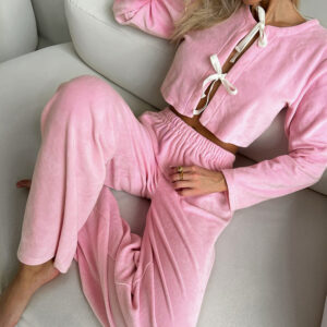 Flannel Homewear Lace-up Long Sleeve Trousers Pajamas